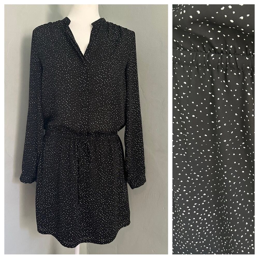 Hilary‎ Radley Black Polka Dot Dress, Tunic, Long Sleeve, Cinched Waist, Small